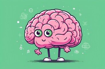 cartoon pink brain is a healthy organ of the human body, a happy character with a smile and eyes on 