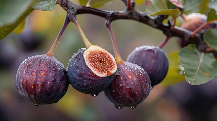 Canvas Print - A close-up of ripe figs on a tree branch.