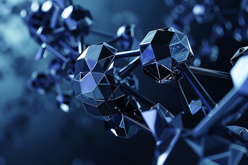 A series of geometric polygonal shapes forming a molecular structure, with sharp metallic edges and a dark blue background, conveying the concept of digital technology.