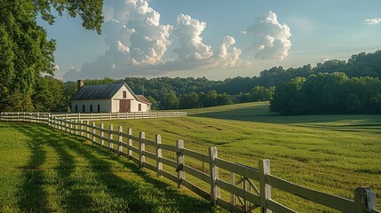 Poster - A picturesque farm with a white picket fence and green pastures.