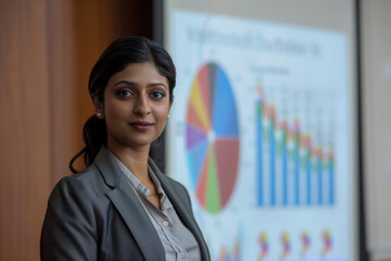 Poster - Professional businesswoman presenting market analysis with charts and graphs at corporate conference for strategic data and financial projections