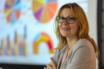Poster - Professional businesswoman giving a detailed presentation with colorful analytical graphs in the background, looking engaged and knowledgeable