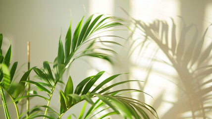 Wall Mural - green palm leaf with shadow on white concrete wall.