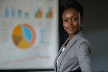 Poster - Professional african businesswoman confidently gives a presentation with a blurred background of colorful data charts and business analytics