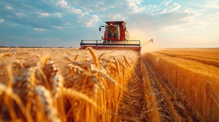 Wall Mural - A farmer driving a combine harvester through a wheat field.