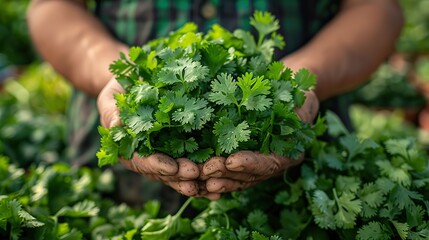 Wall Mural - A farmer's hands holding a bundle of fresh cilantro.