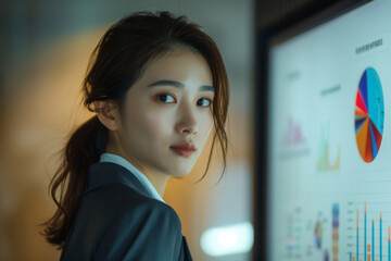 Poster - Confident female businesswoman presenting modern analytics and data charts in a corporate office boardroom meeting as part of her professional strategy and financial planning