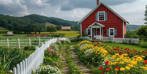 Wall Mural - A picturesque farmstead with a white picket fence and blooming flowers.