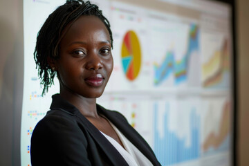 Poster - Professional businesswoman with a confident smile giving a presentation in front of a colorful analytical chart on a screen