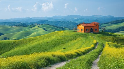 Poster - A picturesque landscape with rolling hills and a farmhouse.