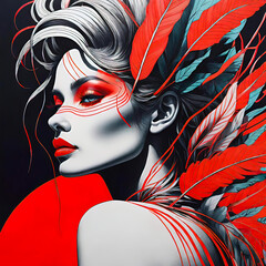 Silhouette portrait of a girl model with graphic markers, ultra bright neon lines on the face with bright red eyelashes and lips, text space, Surreal fashion concept.