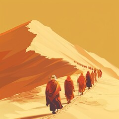  A minimalist illustration of Moses leading the Hebrew people through the desert, using simple lines and shapes to convey the essence of the journey