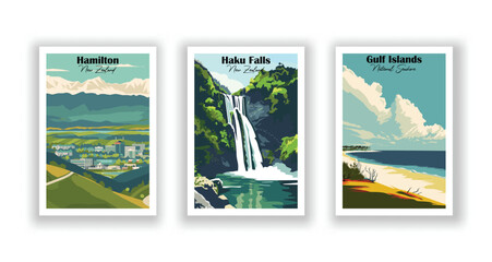 Gulf Islands National Seashore, Haku Falls, New Zealand, Hamilton, New Zealand - Set of 3 Vintage Travel Posters. Vector illustration. High Quality Prints