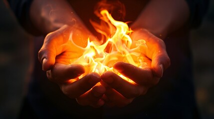 Hands cradle flames in the dark, highlighting a stunning contrast.