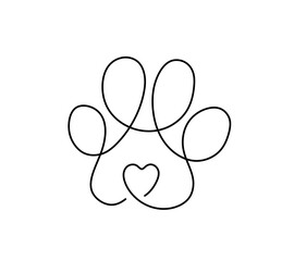 Wall Mural - vector isolated paw print with heart one single contemporary line colorless black and white contour 