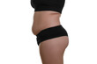 © New Africa - Woman with excessive belly fat on white background, closeup. Overweight problem