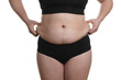 © New Africa - Woman touching belly fat on white background, closeup. Overweight problem