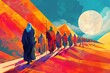 © Roberto - A minimalist illustration of Moses leading the Hebrew people through the desert, using simple lines and shapes to convey the essence of the journey