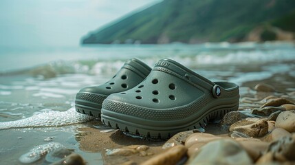 Three pairs of Crocs are on the beach