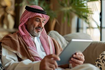 A happy Arabian middle-aged man is using a digital tablet while relaxing on the couch at home. The mature male user holds the tablet computer, sitting on the sofa in the living room and looking away.