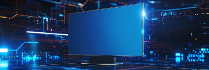 Aufkleber - Blank mockup blue screen connected to a smart device, mixed digital 3D illustration and matte painting.