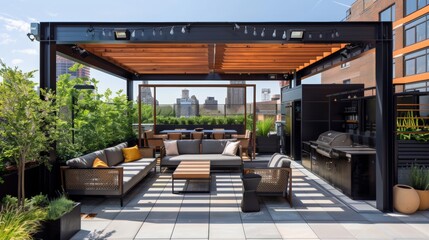 A rooftop terrace with panoramic views, comfortable seating and modern pergola with urban view