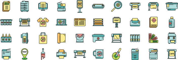 Poster - digital printing icons set outline vector. computer printer. paper digital thin line color flat on w