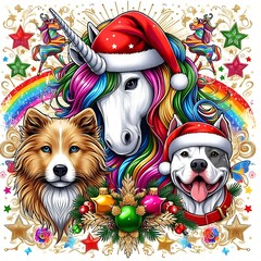 Wall Mural - A unicorn and dogs with christmas decorations realistic color realistic has illustrative