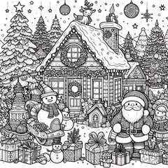 Wall Mural - A unicorn coloring pages black and white drawing includes drawing of a house with presents and snowman image attractive print design