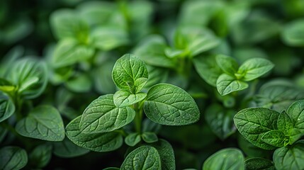 Wall Mural - A close-up of fresh marjoram growing in a garden.