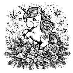 Wall Mural - A unicorn coloring pages black and white drawing includes drawing of a unicorn image lively art used for printing