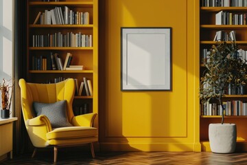 Wall Mural - A yellow room with a chair, a potted plant, and a bookcase. The room is bright and inviting, with a sense of warmth and comfort. The yellow walls and furniture create a cheerful atmosphere