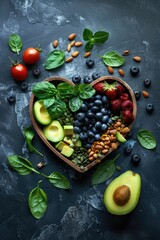 Wall Mural - A heart-shaped bowl filled with a variety of fruits and vegetables. The bowl is placed on a countertop with a blue background