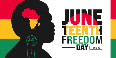 Poster - 13 June is Juneteenth Freedom Day African black man background template. Holiday concept. use to background, banner, placard, card, and poster design template.