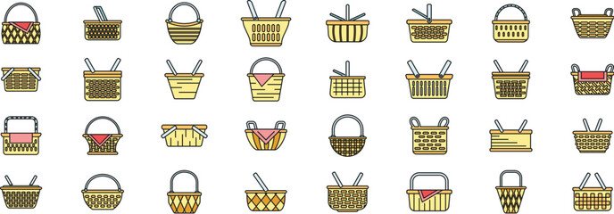 Poster - Picnic basket icons set outline vector. Fruit hamper. Food wicker thin line color flat on white