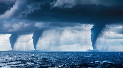 Canvas Print - A mesmerizing display of Mother Natures power and beauty as multiple water spouts form and dissipate over the oceans surface.