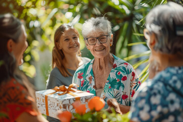 Garden party to celebrate the birthday of an older woman. The senior birthday celebrant joyfully accepts a gift from her family members.