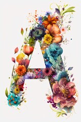 Floral letter A, watercolor painting. Handmade font.