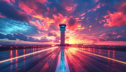 Wall Mural - A colorful sky with a large airport tower in the background by AI generated image