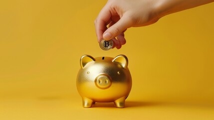 A hand is putting coins into a gold piggy bank