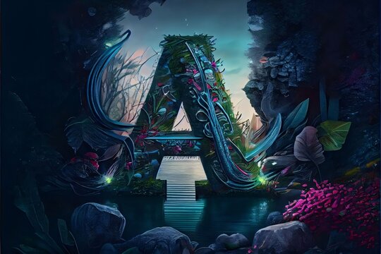 3d illustration of a fantasy portal in the water with a lot of vegetation letter A