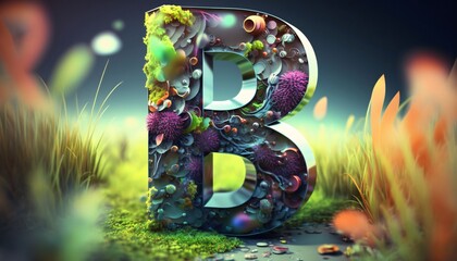 3d illustration of letter B in the grass with moss and plants