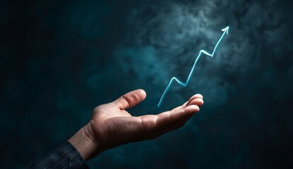 A hand holding an upward trending graph with an arrow pointing upwards, symbolizing growth and progress in business or financial markets on a dark background Generative AI