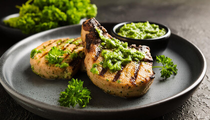 Wall Mural - Grilled pork chops with salsa verde sauce on dark table. Tasty meat dish. Delicious food for dinner