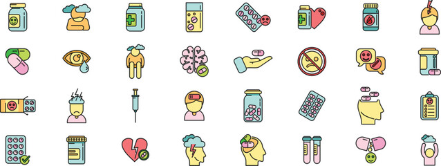 Poster - Antidepressant icons set outline vector. Family health. Sad mental thin line color flat on white