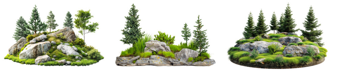Wall Mural - collection of landscape design with fir trees grass and rocks isolated on transparent or white backg