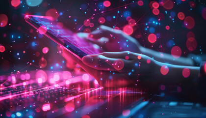 Wall Mural - a person is using a tablet with a pink and blue background by ai generated image