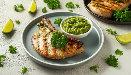 Wall Mural - Grilled pork chops with salsa verde sauce on light table. Tasty meat dish. Delicious food for dinner