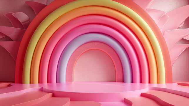 Rainbow Colorful 3D Render on White Background. Rainbow Colorful 3D Render Arches Balance on pink Background. Round stage step podiums with rainbow on pastel blue background. Pedestal for kid product.