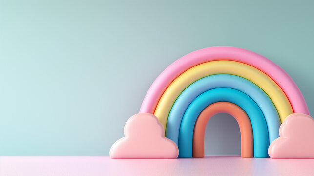 Rainbow Colorful 3D Render on White Background. Rainbow Colorful 3D Render Arches Balance on pink Background. Round stage step podiums with rainbow on pastel blue background. Pedestal for kid product.